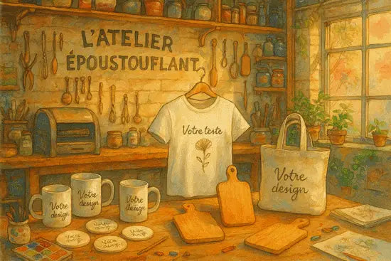 Intérieur chaleureux de L’Atelier Époustouflant, illustré en style Ghibli, avec mugs, sous-verres, t-shirts, sacs et planches à découper prêts à être personnalisés. Lumière douce, ambiance magique, étagères remplies de matériel créatif.