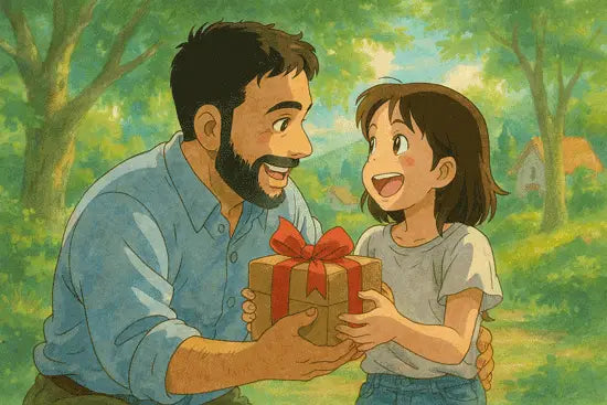 Un dessin au crayon dans le style Ghibli d’une jeune fille offrant une boîte cadeau à son père, qui est partiellement agenouillé et la serre dans ses bras d’une main ; tous deux sourient chaleureusement.