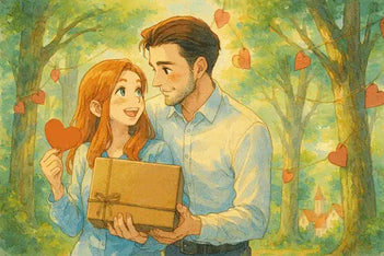 Une illustration au crayon dans le style Ghibli d’un homme partiellement derrière une femme, lui présentant une boîte cadeau alors qu’elle tient une carte en forme de cœur et l’accepte, tous deux souriant joyeusement.