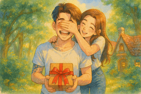 Un dessin au crayon dans le style Ghibli représentant une femme debout derrière un homme, lui couvrant délicatement les yeux d’une main tandis qu’il tient une boîte cadeau devant lui ; tous deux sourient chaleureusement.