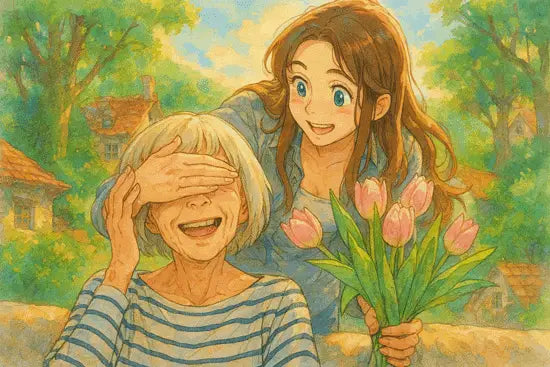 Un dessin au crayon dans le style Ghibli d’une jeune fille offrant un bouquet de fleurs à sa mère âgée assise sur un banc ; la fille vient par derrière et lui ferme doucement les yeux d’une main, tous deux souriant.