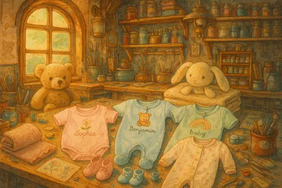 Illustration Ghibli d’un atelier chaleureux présentant des vêtements pour nouveau-nés, comme bodys et pyjamas personnalisables avec prénom ou motif. Lumière douce, tissus soigneusement disposés, ambiance magique et réconfortante.