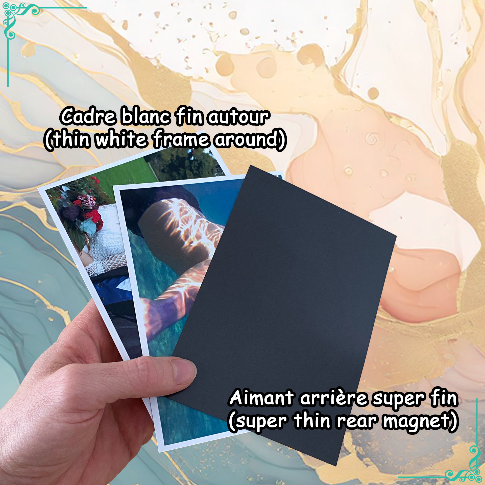 Vue détaillée des aimants avec cadre blanc fin autour et aimant arrière super fin. Plusieurs photos sont empilées, montrant leur finesse et flexibilité. Texte explicatif : "Cadre blanc fin autour" et "Aimant arrière super fin".