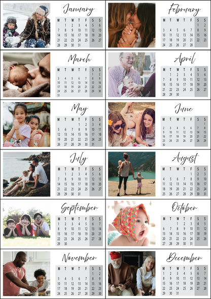 Calendrier photo personnalisé avec souvenirs – Une collection de photos familiales et amicales accompagnées d'un calendrier mensuel. Chaque mois est illustré par une image chaleureuse représentant des moments précieux : hiver enneigé, câlins, jeux d'enfants, balades en nature et instants de complicité. Un design épuré mettant en valeur les souvenirs inoubliables tout au long de l'année. 