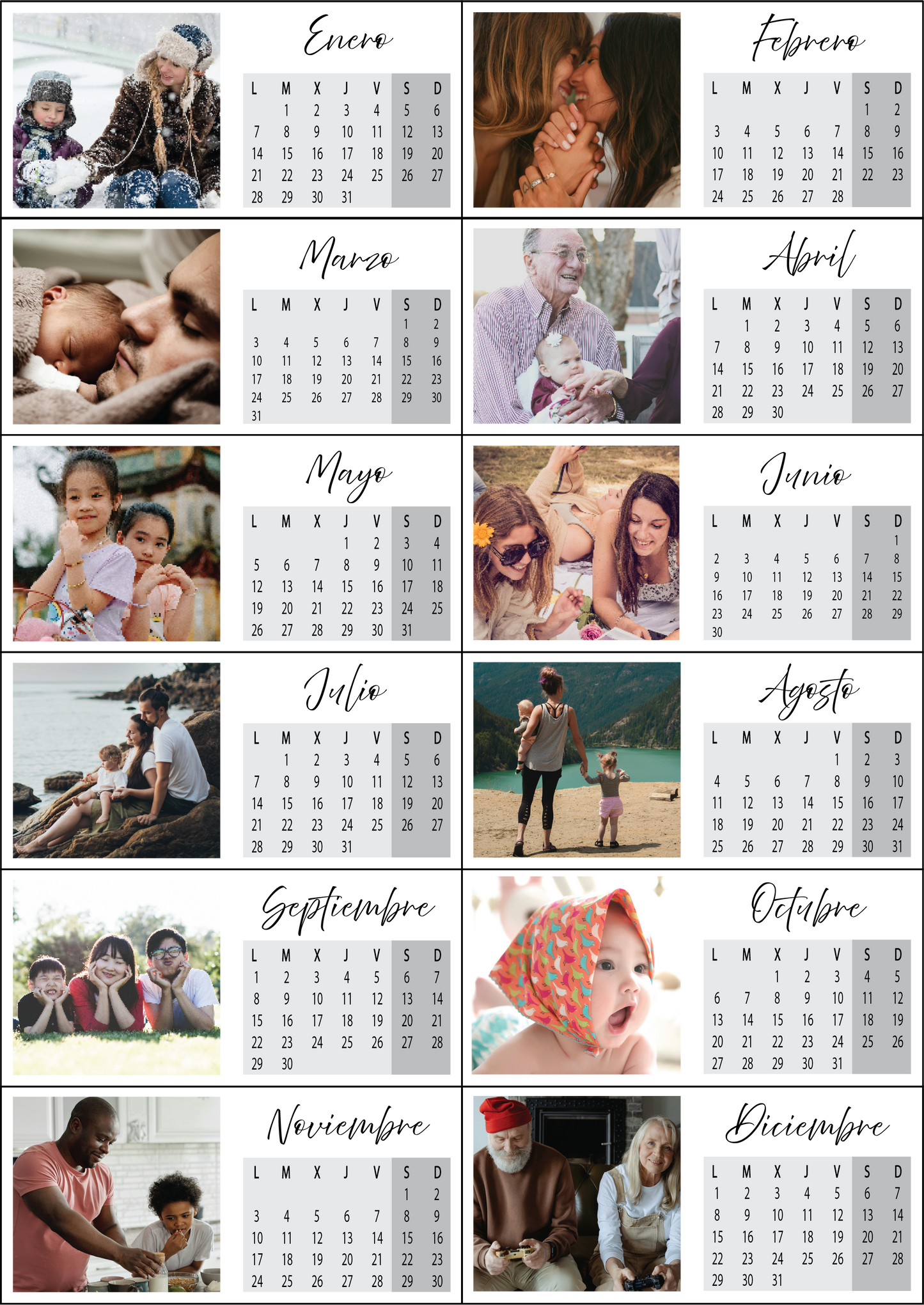 Calendrier photo personnalisé avec souvenirs – Une collection de photos familiales et amicales accompagnées d'un calendrier mensuel. Chaque mois est illustré par une image chaleureuse représentant des moments précieux : hiver enneigé, câlins, jeux d'enfants, balades en nature et instants de complicité. Un design épuré mettant en valeur les souvenirs inoubliables tout au long de l'année. 