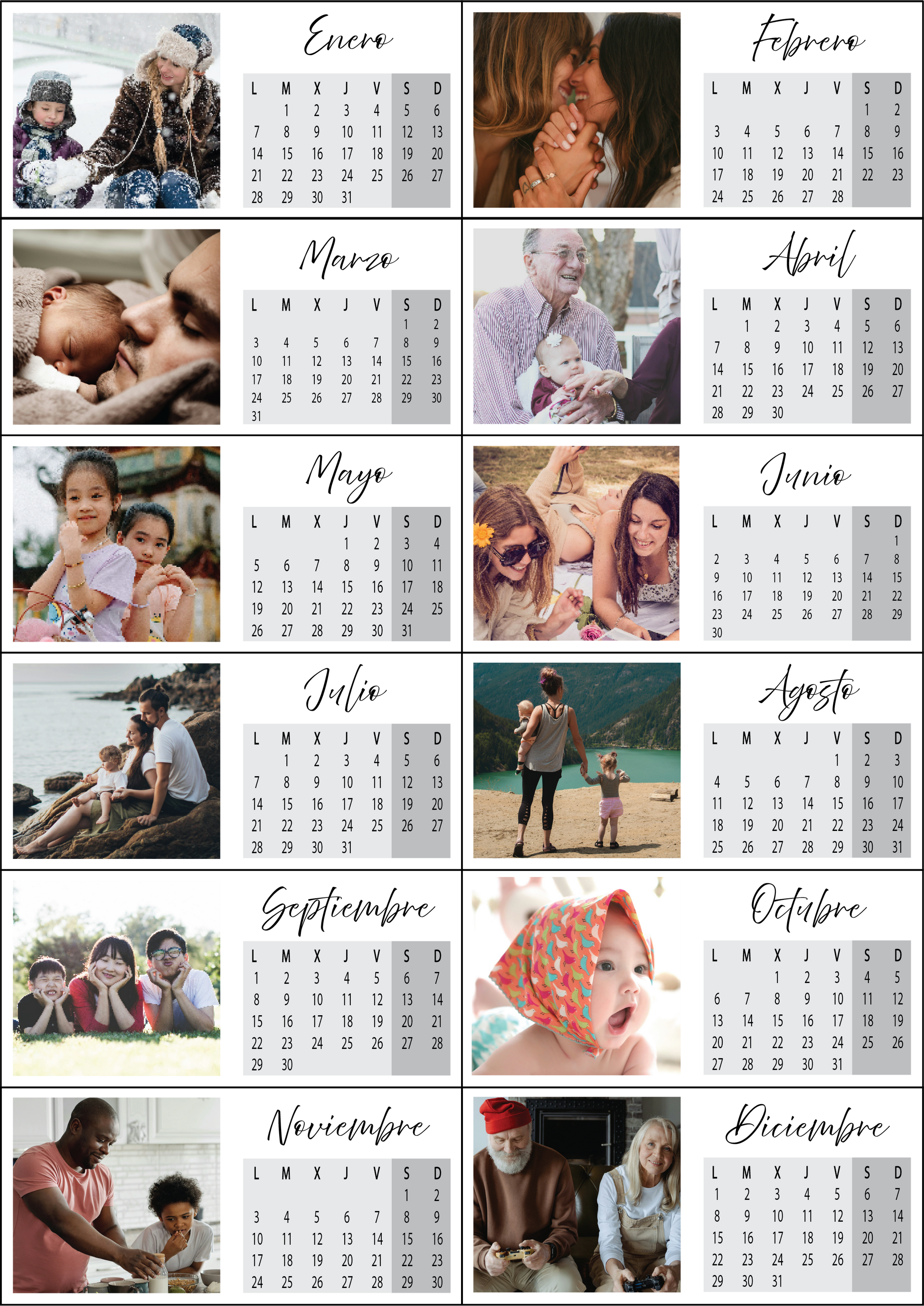 Calendrier photo personnalisé avec souvenirs – Une collection de photos familiales et amicales accompagnées d'un calendrier mensuel. Chaque mois est illustré par une image chaleureuse représentant des moments précieux : hiver enneigé, câlins, jeux d'enfants, balades en nature et instants de complicité. Un design épuré mettant en valeur les souvenirs inoubliables tout au long de l'année. 