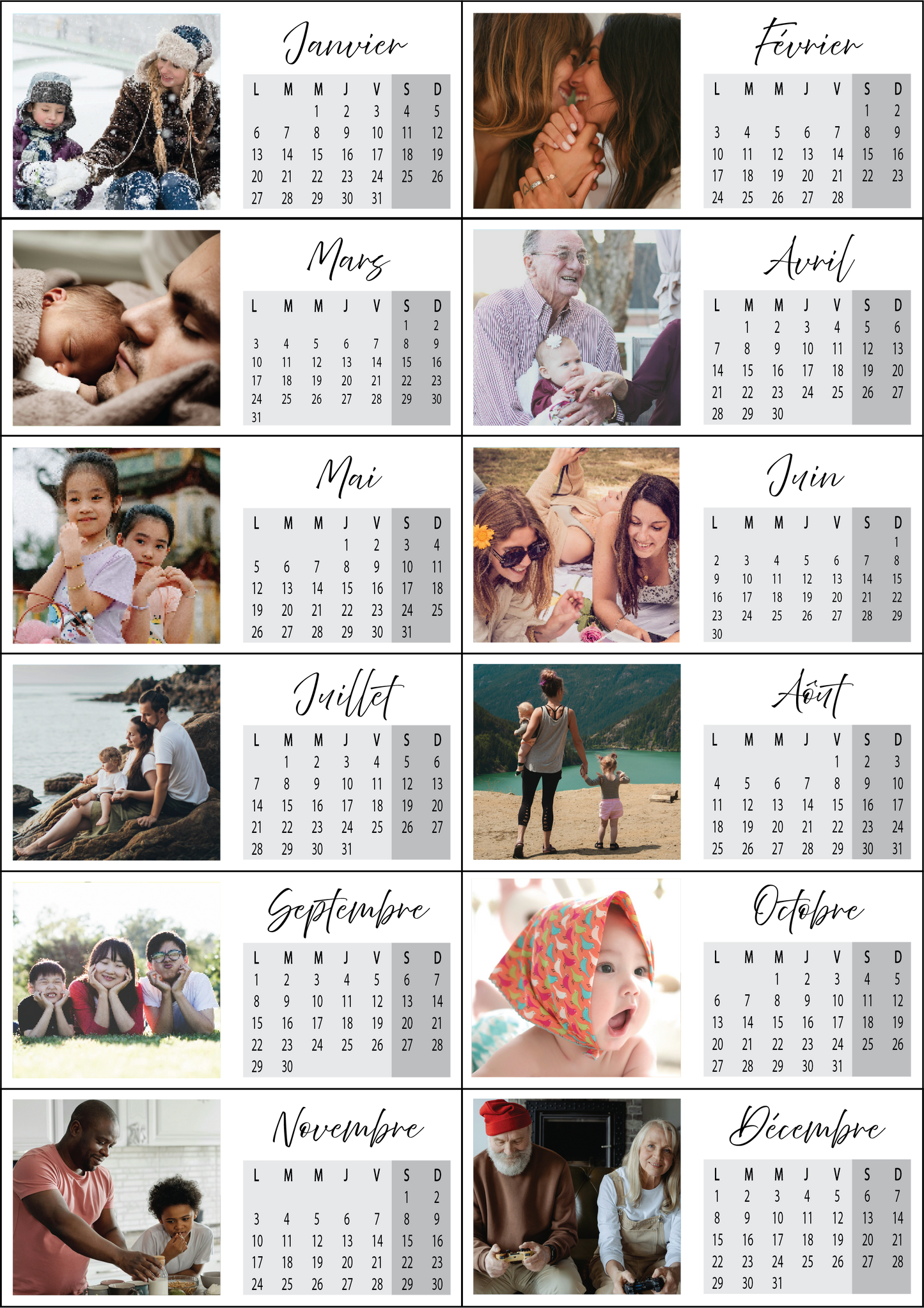 Calendrier photo personnalisé avec souvenirs – Une collection de photos familiales et amicales accompagnées d'un calendrier mensuel. Chaque mois est illustré par une image chaleureuse représentant des moments précieux : hiver enneigé, câlins, jeux d'enfants, balades en nature et instants de complicité. Un design épuré mettant en valeur les souvenirs inoubliables tout au long de l'année. 