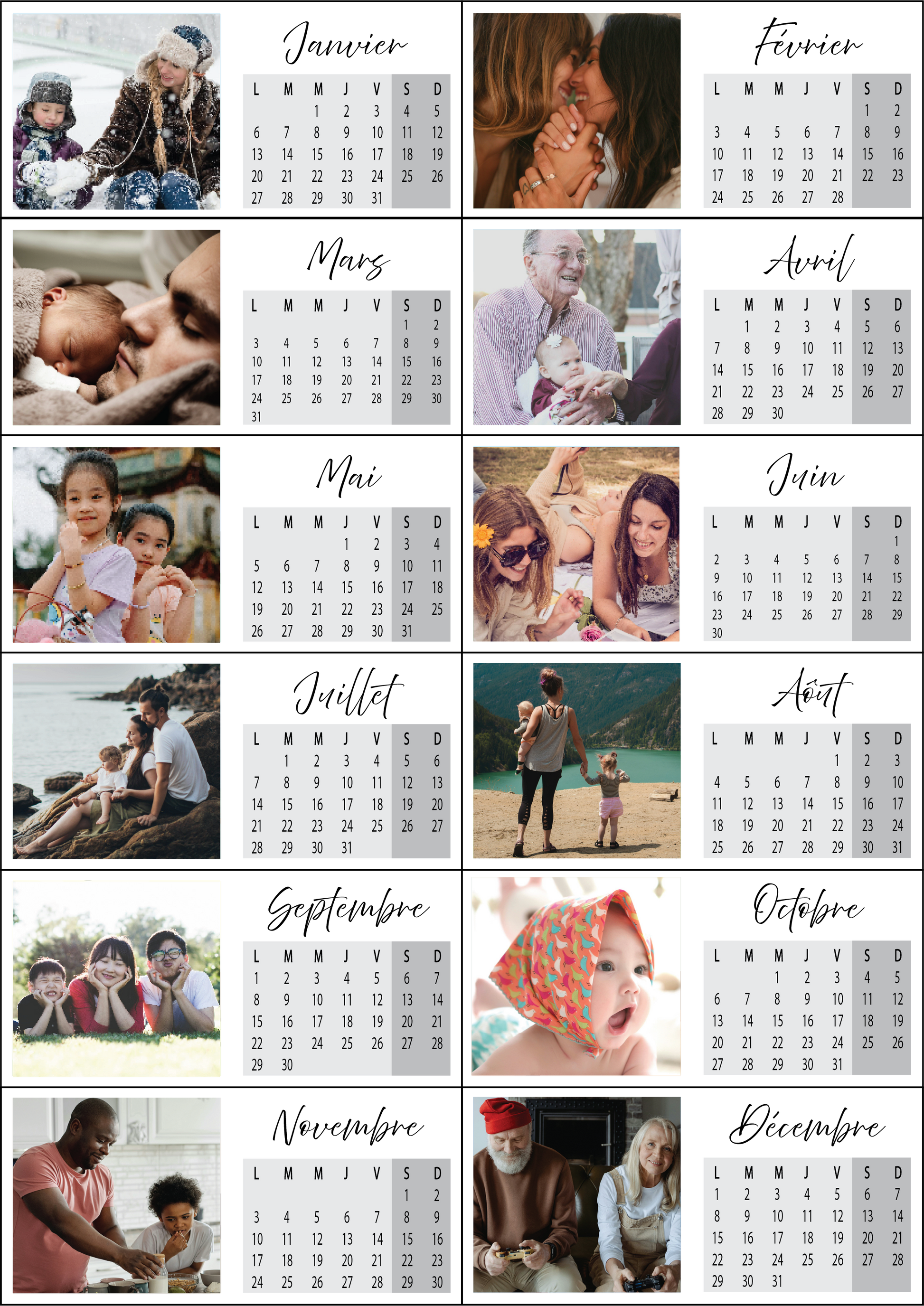Calendrier photo personnalisé avec souvenirs – Une collection de photos familiales et amicales accompagnées d'un calendrier mensuel. Chaque mois est illustré par une image chaleureuse représentant des moments précieux : hiver enneigé, câlins, jeux d'enfants, balades en nature et instants de complicité. Un design épuré mettant en valeur les souvenirs inoubliables tout au long de l'année. 