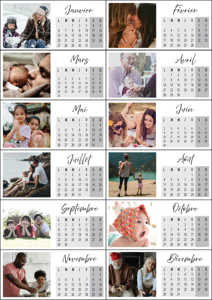 Calendrier photo personnalisé avec souvenirs – Une collection de photos familiales et amicales accompagnées d'un calendrier mensuel. Chaque mois est illustré par une image chaleureuse représentant des moments précieux : hiver enneigé, câlins, jeux d'enfants, balades en nature et instants de complicité. Un design épuré mettant en valeur les souvenirs inoubliables tout au long de l'année. 