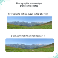 Comparaison entre une photo panoramique initiale et le résultat final sous forme d'aimant. La photo montre un paysage montagneux avec des champs verts et un ciel bleu.