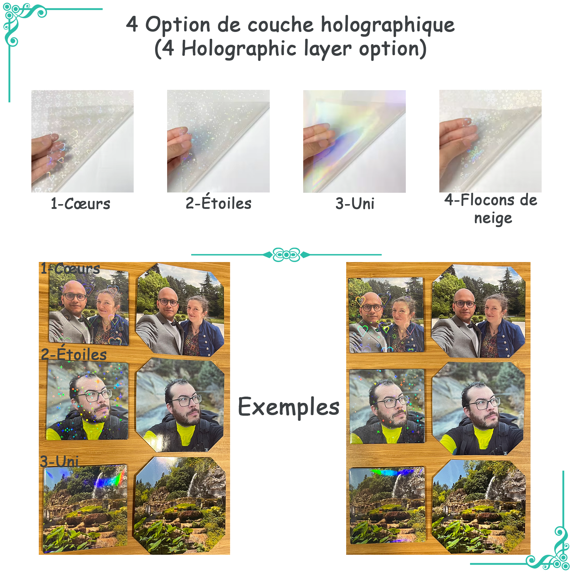 Options de couches holographiques pour aimants personnalisés. Exemples avec motifs de cœurs, d'étoiles, unis, et de flocons de neige, appliqués sur des photos de personnes et de paysages.