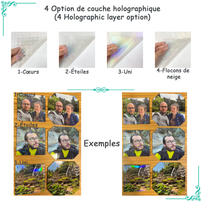 Options de couches holographiques pour aimants personnalisés. Exemples avec motifs de cœurs, d'étoiles, unis, et de flocons de neige, appliqués sur des photos de personnes et de paysages.
