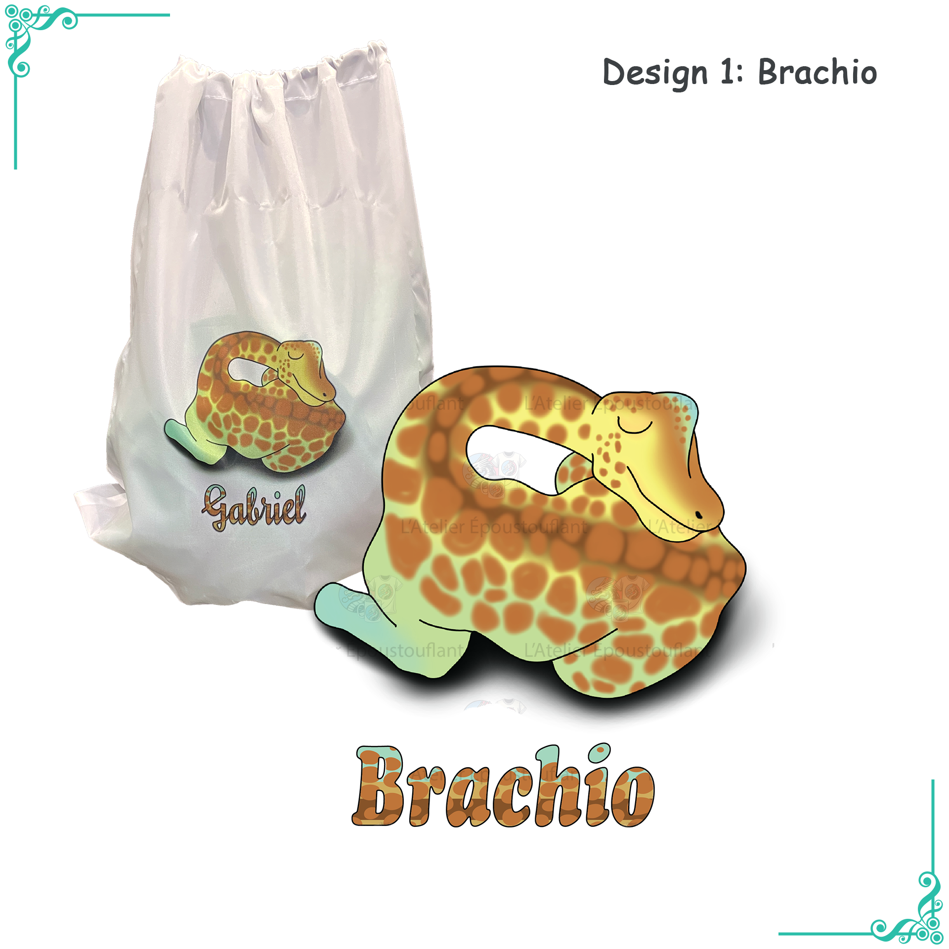 Sac blanc personnalisé avec un design de dinosaure Brachiosaure. Illustration montrant un dinosaure orange et jaune avec des motifs en forme de taches. Le nom "Gabriel" est inscrit sur le sac. Idéal pour les enfants et les amateurs de dinosaures.
