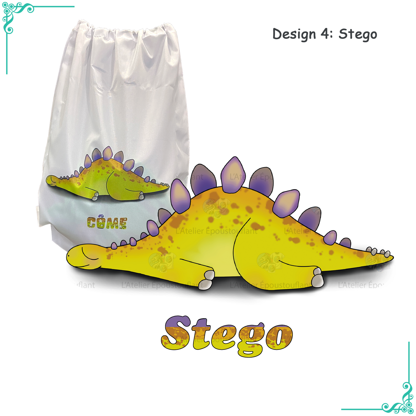 Sac blanc avec un design de dinosaure Stegosaurus. Illustration d'un dinosaure vert et jaune avec des plaques violettes sur le dos. Le nom "Côme" est inscrit sur le sac. Parfait pour les fans de dinosaures.