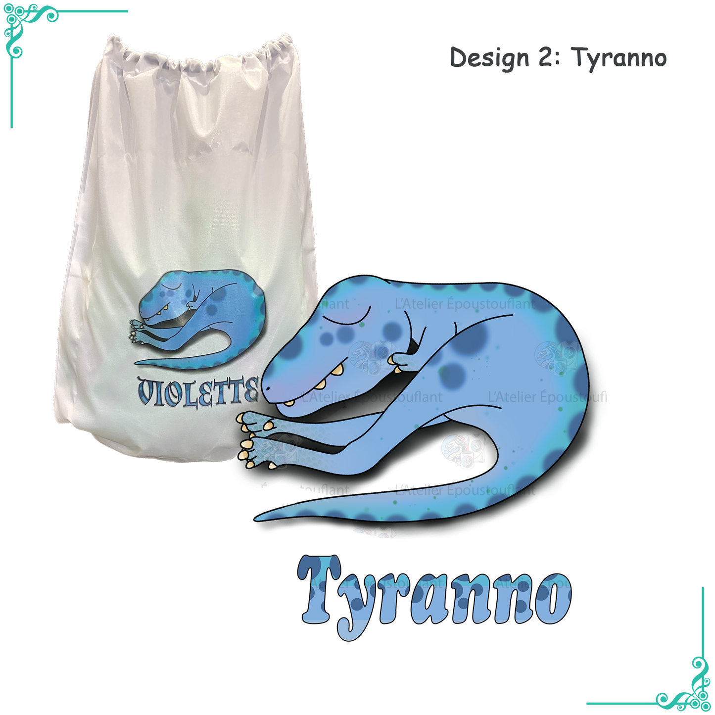Sac blanc personnalisé avec un design de dinosaure Tyrannosaurus bleu. Illustration montrant un T-Rex allongé, avec des détails en bleu et des taches sombres. Le nom "Violette" est inscrit sur le sac. Parfait pour les amateurs de dinosaures.