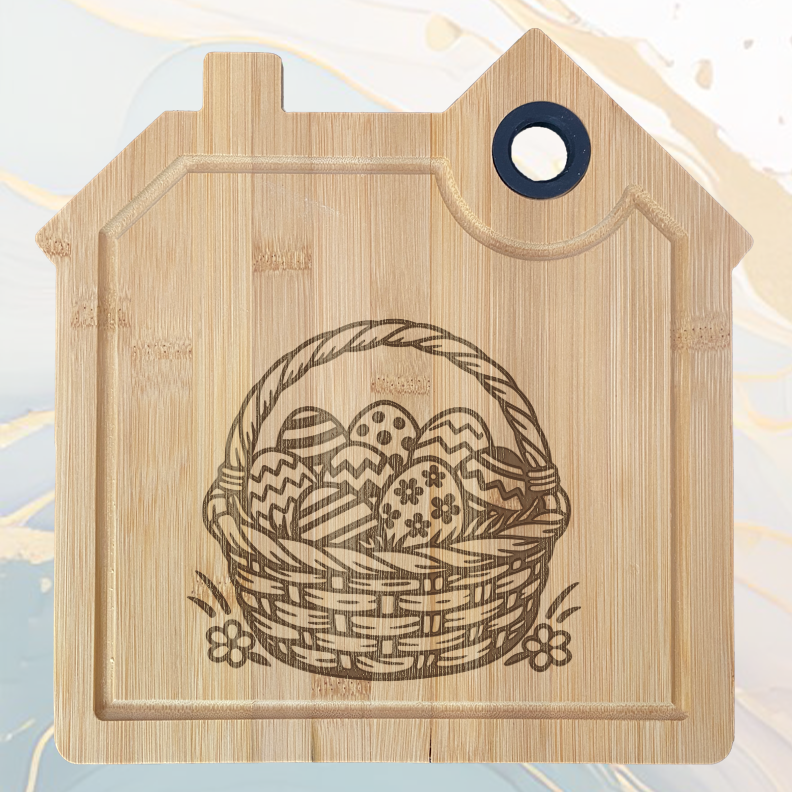Panier d'Œufs de Pâques Planche à Découper en Bambou Forme Maison avec Rainure et Poignée Silicone à personnaliser