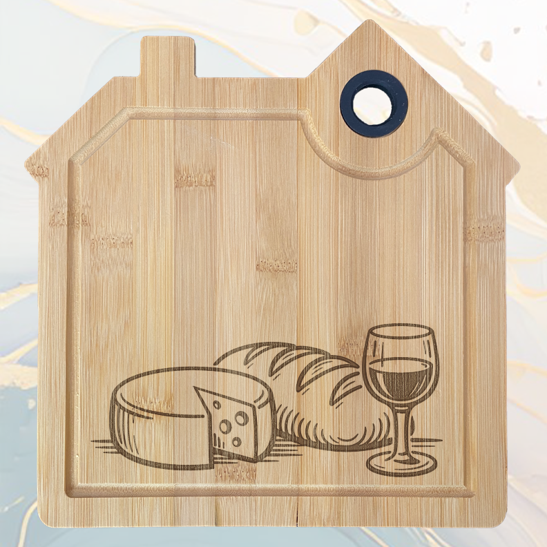 Apero Planche à Découper en Bambou Forme Maison avec Rainure et Poignée Silicone à personnaliser