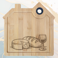Apero Planche à Découper en Bambou Forme Maison avec Rainure et Poignée Silicone à personnaliser