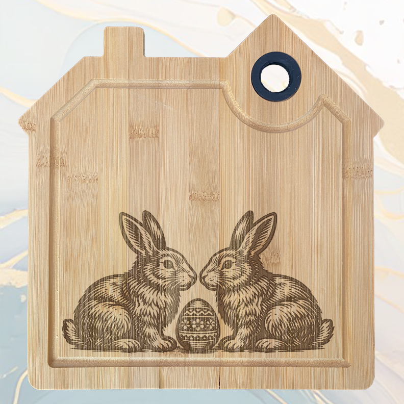 Deux Lapins Planche à Découper en Bambou Forme Maison avec Rainure et Poignée Silicone à personnaliser