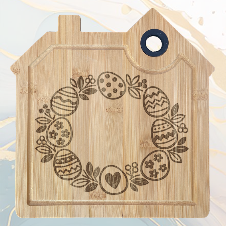 Circle de Lapins et des Œufs de Pâques Planche à Découper en Bambou Forme Maison avec Rainure et Poignée Silicone à personnaliser