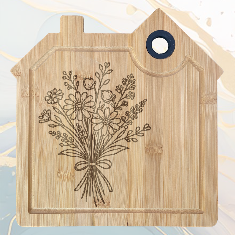 Bouqut de Fleurs Sauvages Planche à Découper en Bambou Forme Maison avec Rainure et Poignée Silicone à personnaliser