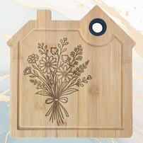 Bouqut de Fleurs Sauvages Planche à Découper en Bambou Forme Maison avec Rainure et Poignée Silicone à personnaliser