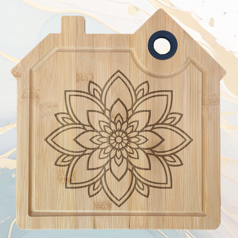 Fleur Mandala Planche à Découper en Bambou Forme Maison avec Rainure et Poignée Silicone à personnaliser
