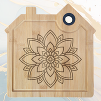 Fleur Mandala Planche à Découper en Bambou Forme Maison avec Rainure et Poignée Silicone à personnaliser