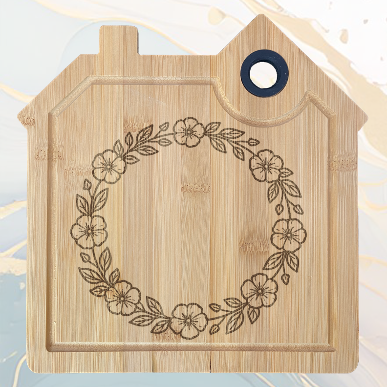 Couronne de Fleurs Planche à Découper en Bambou Forme Maison avec Rainure et Poignée Silicone à personnaliser
