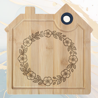 Couronne de Fleurs Planche à Découper en Bambou Forme Maison avec Rainure et Poignée Silicone à personnaliser