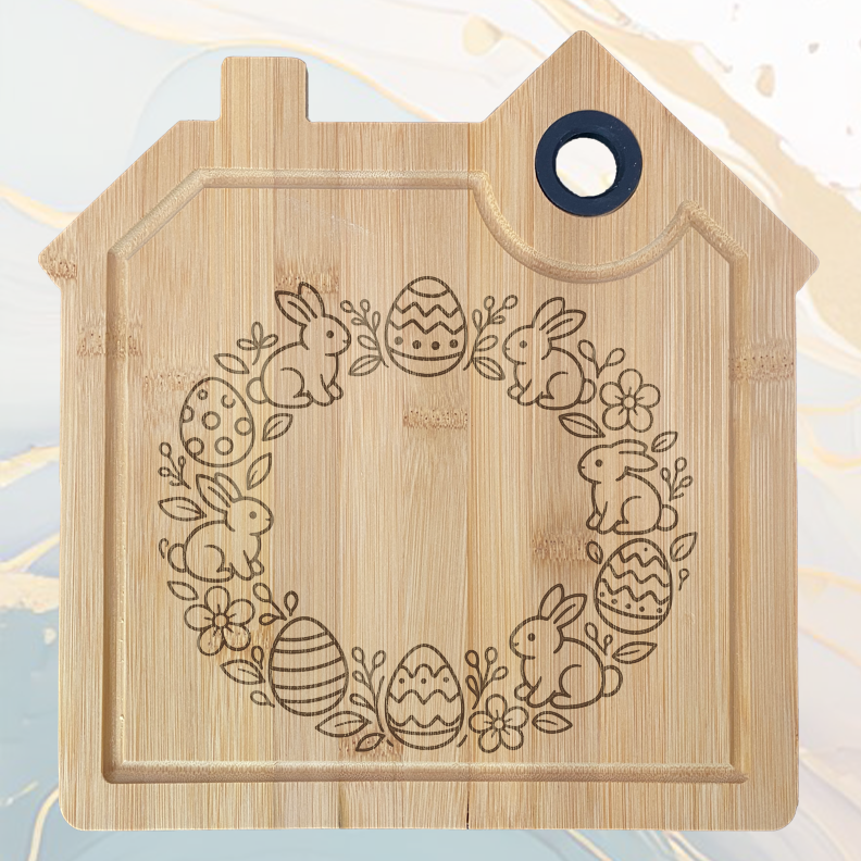 Circle de Lapins et des Œufs de Pâques Planche à Découper en Bambou Forme Maison avec Rainure et Poignée Silicone à personnaliser
