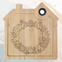 Circle de Lapins et des Œufs de Pâques Planche à Découper en Bambou Forme Maison avec Rainure et Poignée Silicone à personnaliser