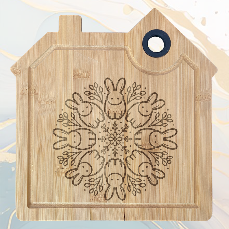 Circle de Lapins Planche à Découper en Bambou Forme Maison avec Rainure et Poignée Silicone à personnaliser