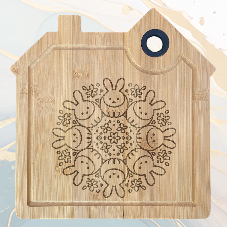 Circle de Lapins Planche à Découper en Bambou Forme Maison avec Rainure et Poignée Silicone à personnaliser