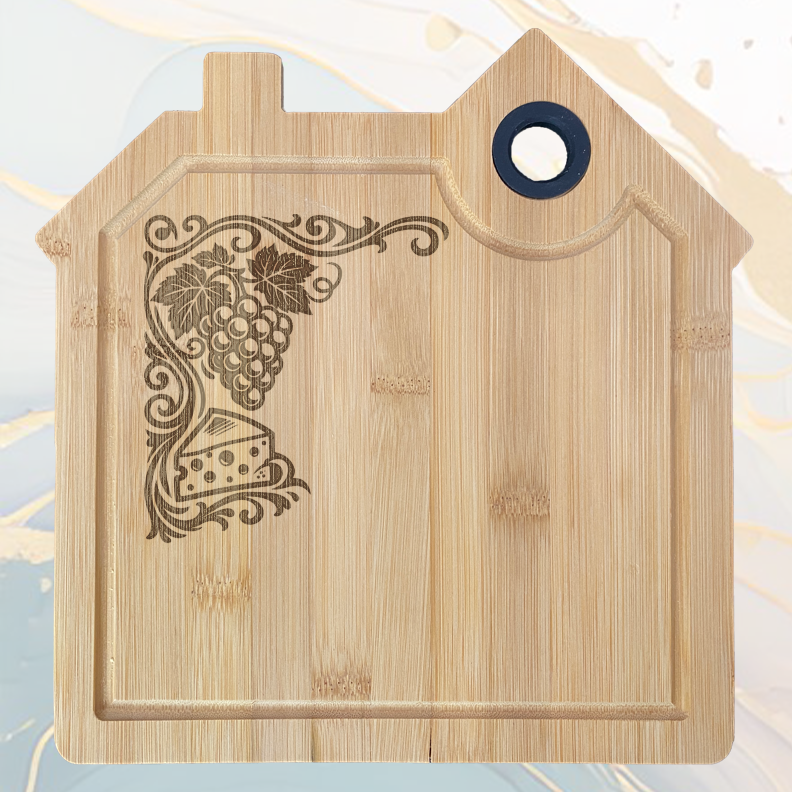 Vignes Fromage Planche à Découper en Bambou Forme Maison avec Rainure et Poignée Silicone à personnaliser