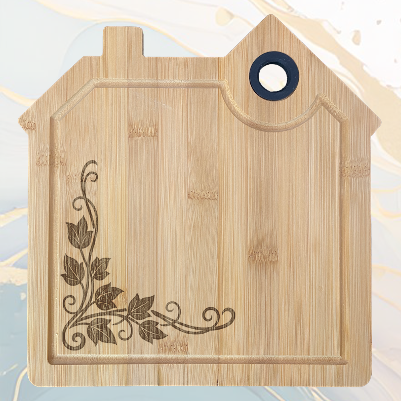 Vignes Planche à Découper en Bambou Forme Maison avec Rainure et Poignée Silicone à personnaliser