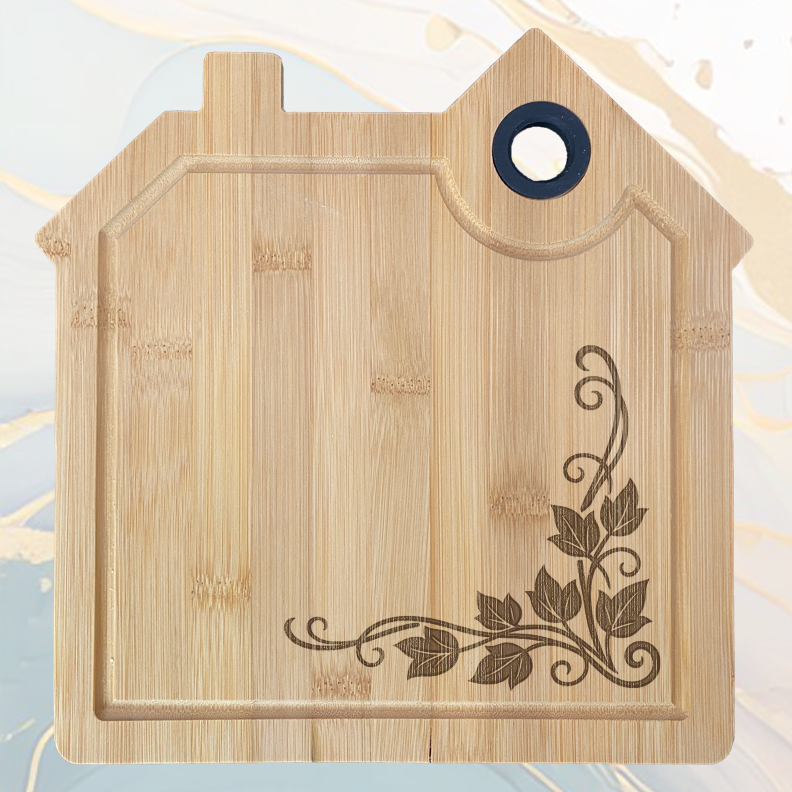 Vignes Planche à Découper en Bambou Forme Maison avec Rainure et Poignée Silicone à personnaliser