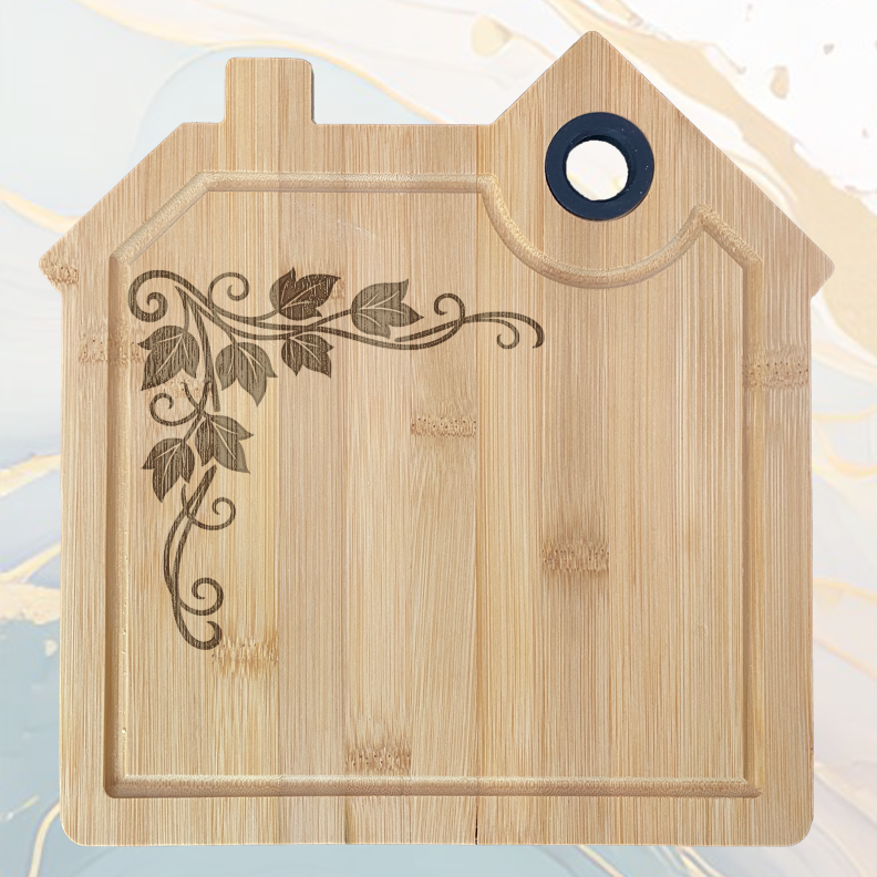 Vignes Planche à Découper en Bambou Forme Maison avec Rainure et Poignée Silicone à personnaliser