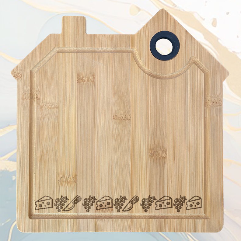 Fromage Raisins Couteaux Planche à Découper en Bambou Forme Maison avec Rainure et Poignée Silicone à personnaliser
