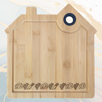 Fromage Raisins Couteaux Planche à Découper en Bambou Forme Maison avec Rainure et Poignée Silicone à personnaliser