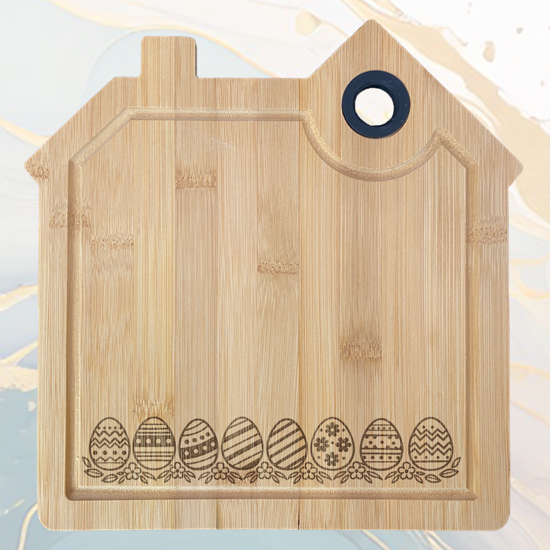 d'Œufs de Pâques Planche à Découper en Bambou Forme Maison avec Rainure et Poignée Silicone à personnaliser