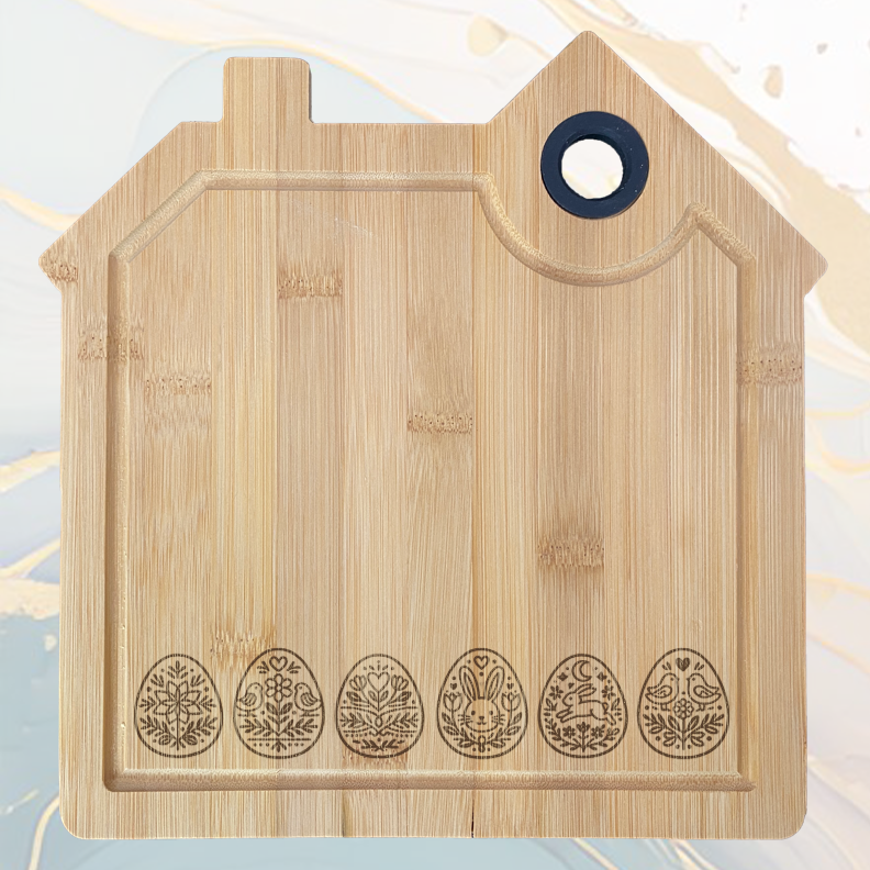 d'Œufs de Pâques Planche à Découper en Bambou Forme Maison avec Rainure et Poignée Silicone à personnaliser