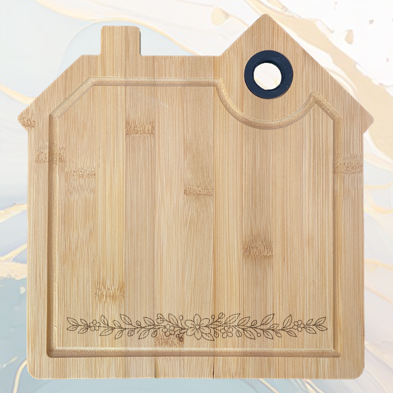 Fleur Vigne Planche à Découper en Bambou Forme Maison avec Rainure et Poignée Silicone à personnaliser
