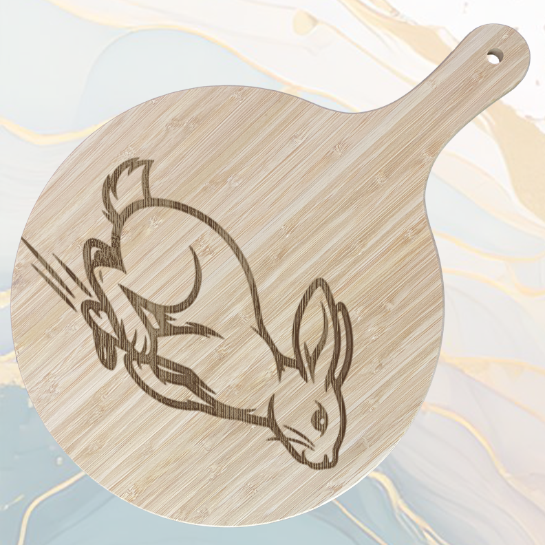 Lapin courant Planche à Pizza en Bambou Ø31 cm avec Poignée et Cordelette en Jute à personnaliser