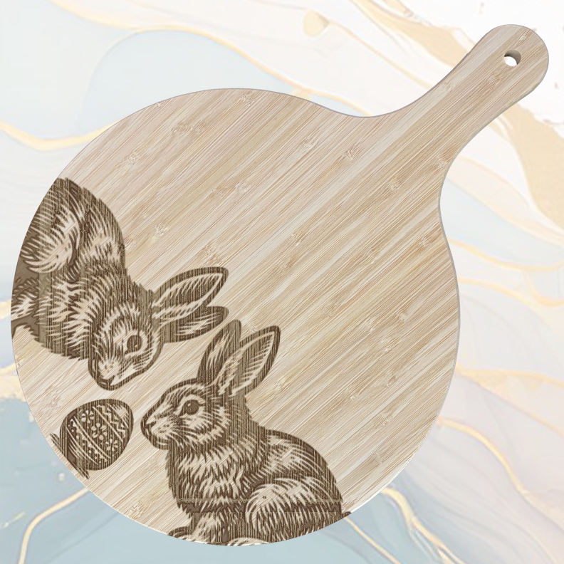 Deux Lapins Planche à Pizza en Bambou Ø31 cm avec Poignée et Cordelette en Jute à personnaliser