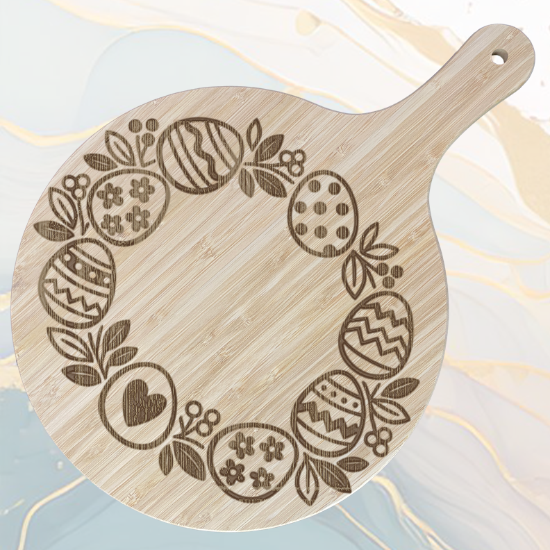 Cercle de Lapins et d'Œuf de Pâques Planche à Pizza en Bambou Ø31 cm avec Poignée et Cordelette en Jute à personnaliser