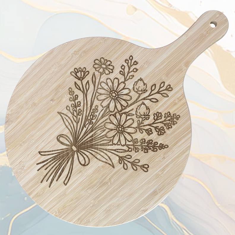 Bouquet de Fleurs Sauvages Planche à Pizza en Bambou Ø31 cm avec Poignée et Cordelette en Jute à personnaliser