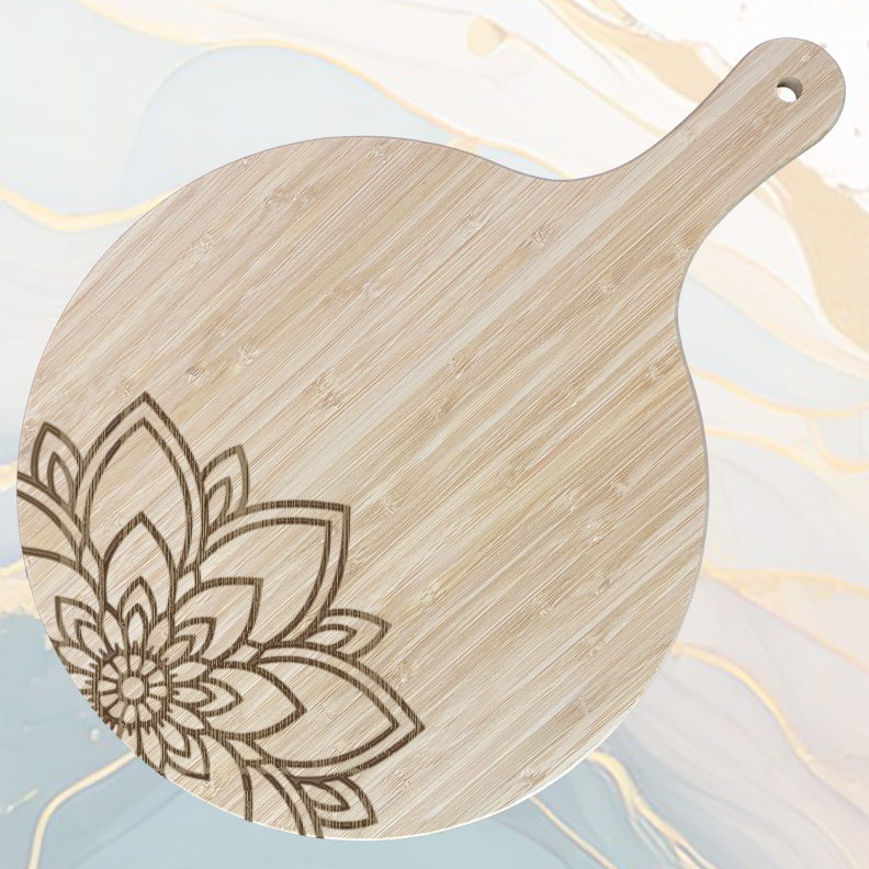 Fleur Mandala Planche à Pizza en Bambou Ø31 cm avec Poignée et Cordelette en Jute à personnaliser