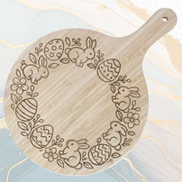 Cercle de Lapins et d'Œuf de Pâques Planche à Pizza en Bambou Ø31 cm avec Poignée et Cordelette en Jute à personnaliser
