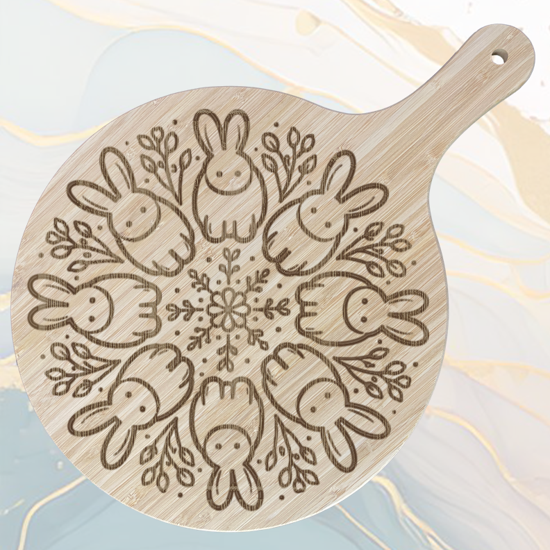 Cercle de Lapins Planche à Pizza en Bambou Ø31 cm avec Poignée et Cordelette en Jute à personnaliser